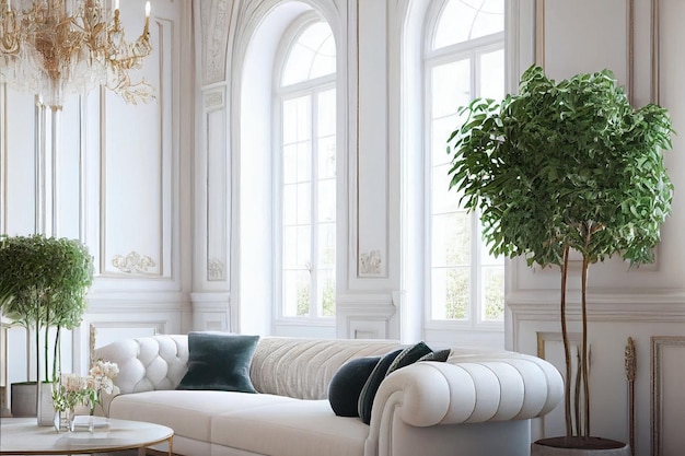 Projete o interior escandinavo da sala de estar com flores em vaso e elegantes acessórios pessoais gerados por IA
