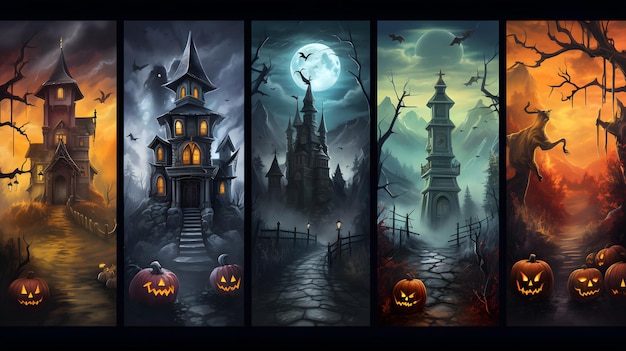 Projete seu Halloween com nosso encantador conjunto de banners de Halloween com edifícios assustadores e abóboras