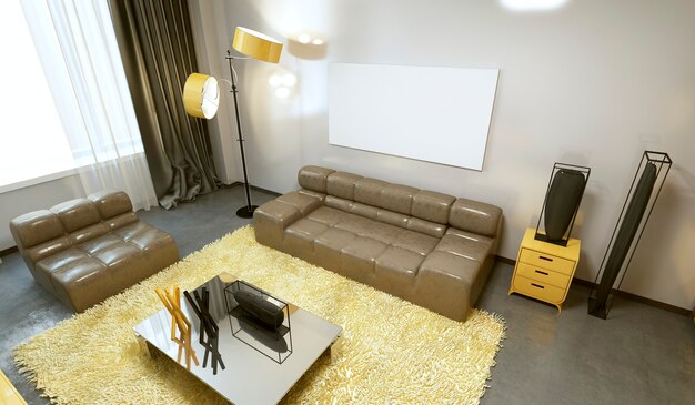 Projete uma sala de estar moderna em tons de cinza e amarelo. 3D render.