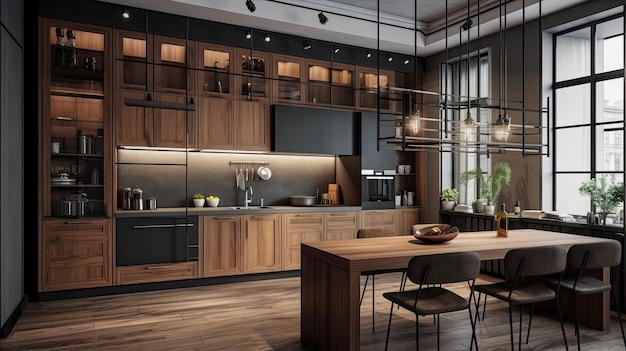 Projete uma sala de jantar em casa ou o interior da cozinha com um design moderno rústico natural gerado por IA
