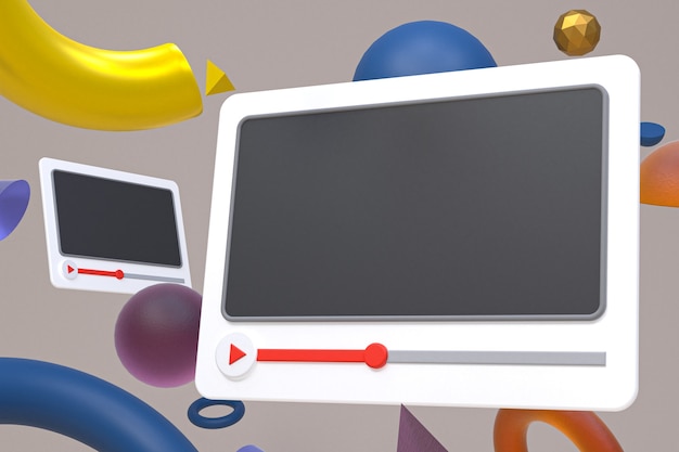 Projeto 3D do player de vídeo do Youtube ou interface do player de mídia de vídeo em geometria abstrata