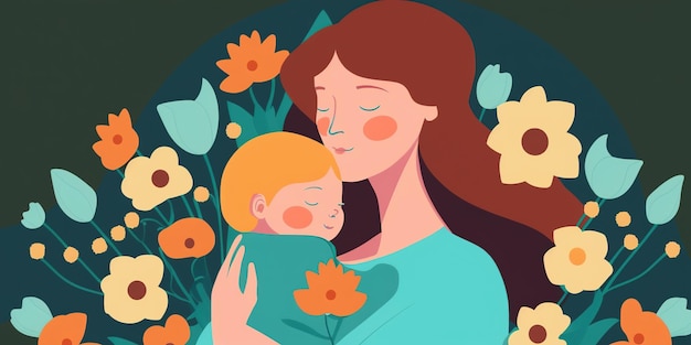 Projeto abstrato do Dia das Mães, onde uma mãe segura uma criança com flores