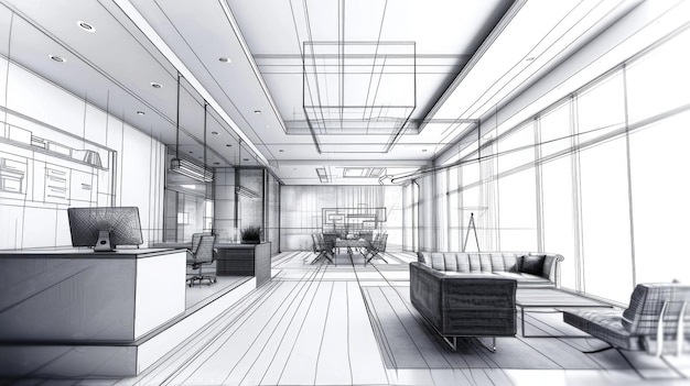 Projeto arquitetônico de conceito de interior de escritório 3D com projeto de plano abstrato e mobiliário