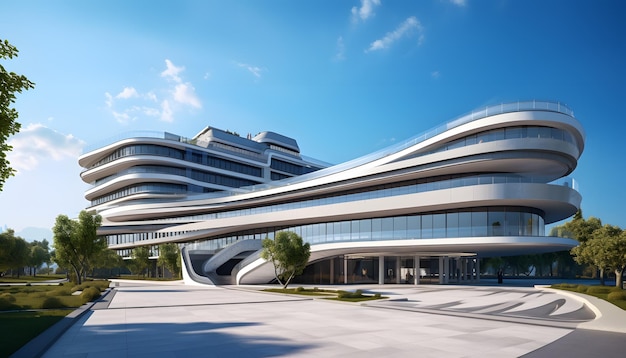 projeto arquitetônico de prédio de escritórios moderno com céu azul claro