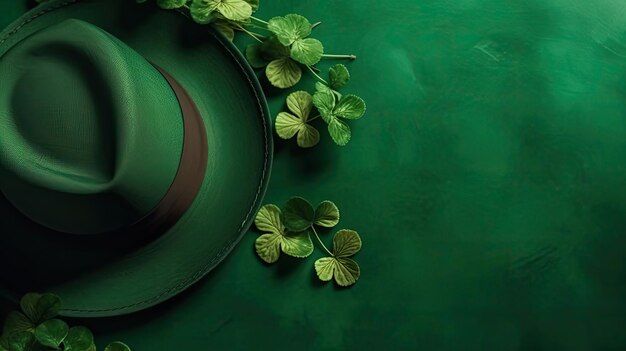 Foto projeto conceitual de chapéu verde e folhas verdes sobre fundo pastel verde para st patrick's