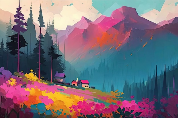 Projeto de arte de pintura de paisagem em incrível montanha na floresta