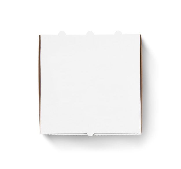 Projeto de caixa de pizza em branco simulado com vista superior isolada