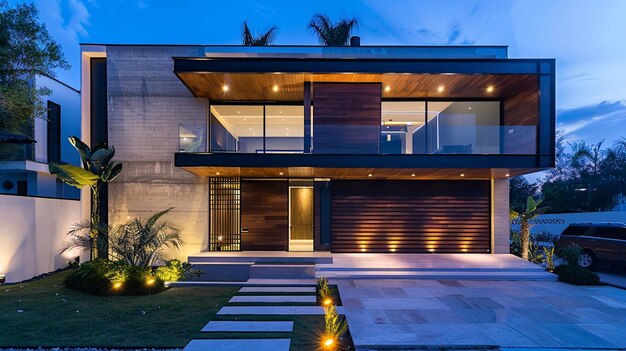 Projeto de casa com padro arquitectonico moderno e iluminada ao anoitecer