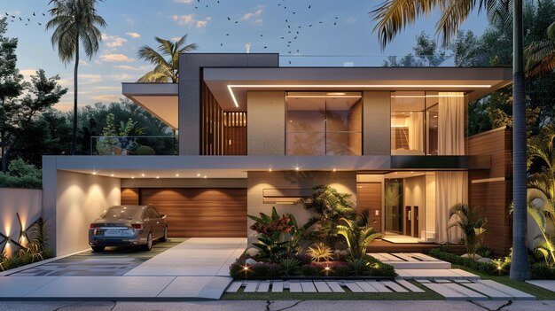 Projeto de casa com padro arquitectonico moderno e iluminada ao anoitecer