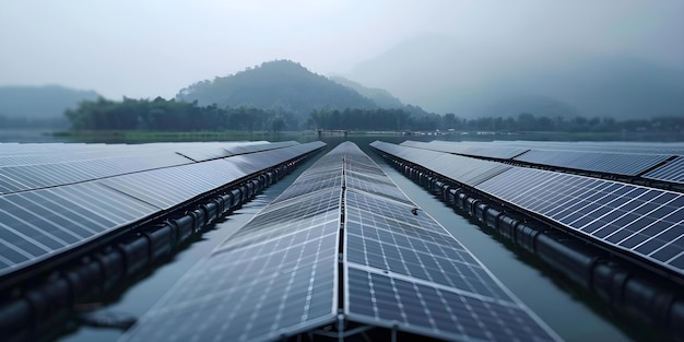 Projeto de central solar flutuante por engenheiro asiático para produção de energia sustentável Conceito Energia Solar Flutuante Energia Sustentável Engenheiro asiático Design inovador Tecnologia renovável