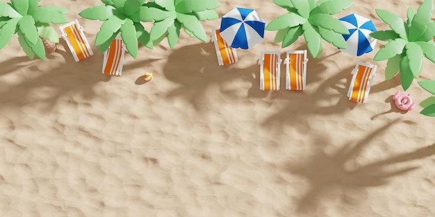 Projeto de conceito de banner tropical de verão 0f cadeira de praia e guarda-chuva flamingo inflável com coqueiro na praia renderização 3D