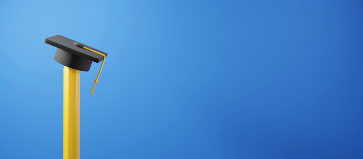 Foto projeto de conceito de educação de lápis amarelo com chapéu de formatura em renderização 3d de fundo azul