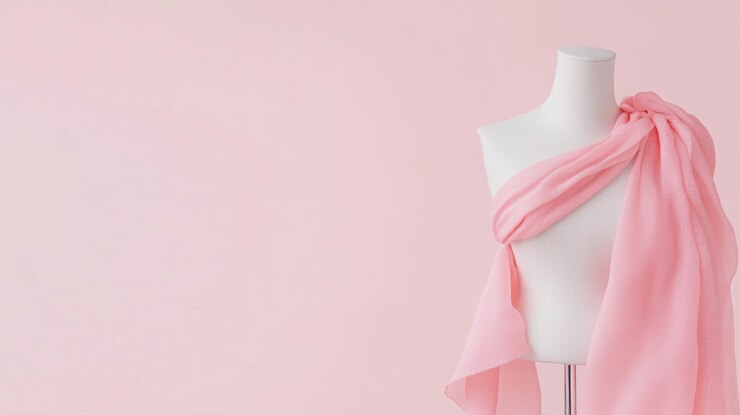 Foto projeto de costura criativa com tecido rosa em manequim em um ambiente de estúdio minimalista