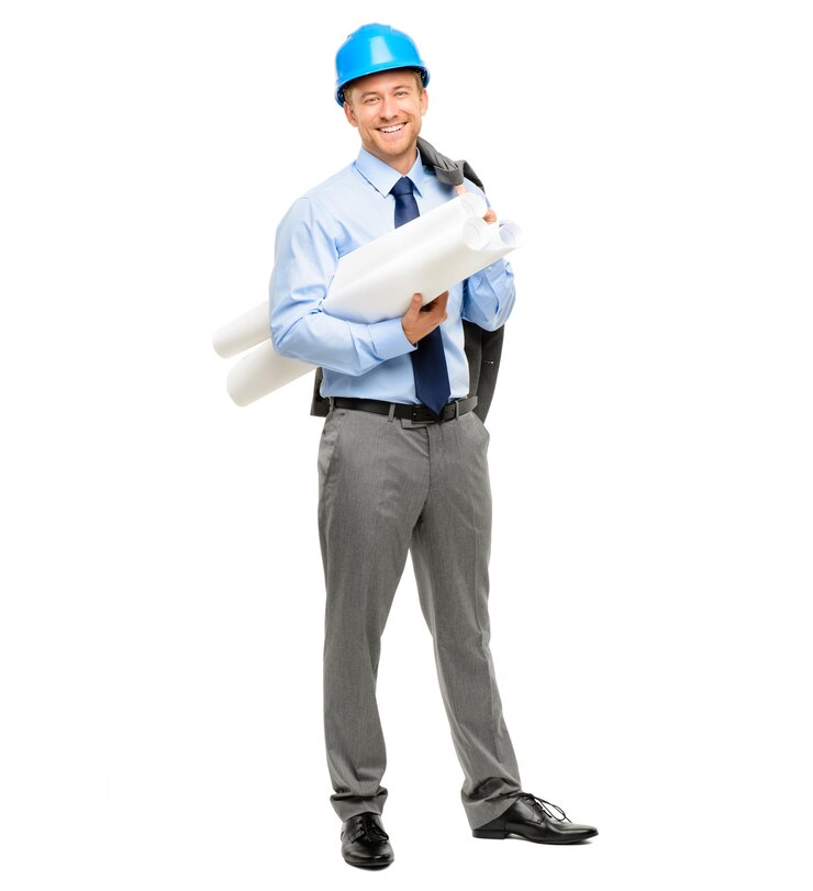 Foto projeto de engenharia e feliz com o retrato do homem em estúdio para designer de arquitetura e construção de planta baixa de gráficos e construção com empreiteiro masculino em fundo branco para inspeção