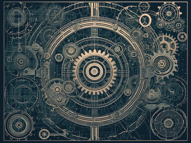 Projeto de engenharia mecânica usando linhas finas de formas geométricas simples e um padrão de cores limitado