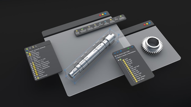 Foto projeto de engenharia software de modelo de texto cad 3d. computador de fábrica dimensional mecânica renderização em 3d