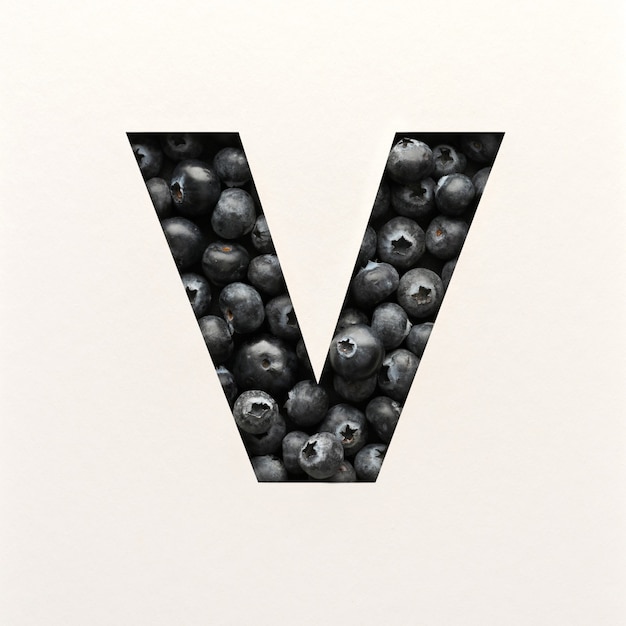 Projeto de fonte, fonte alfabeto abstrato com mirtilo, tipografia de frutas realistas - V