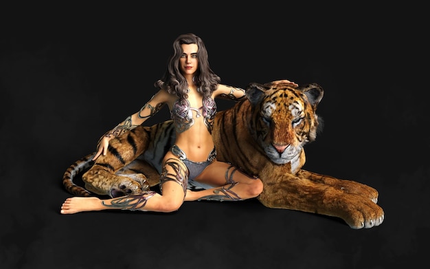 Projeto de ilustração 3D de Lady e as poses de tigres de Bengala em fundo preto com traçado de recorte