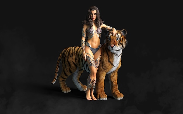 Projeto de ilustração 3D de Lady e as poses de tigres de Bengala em fundo preto com traçado de recorte