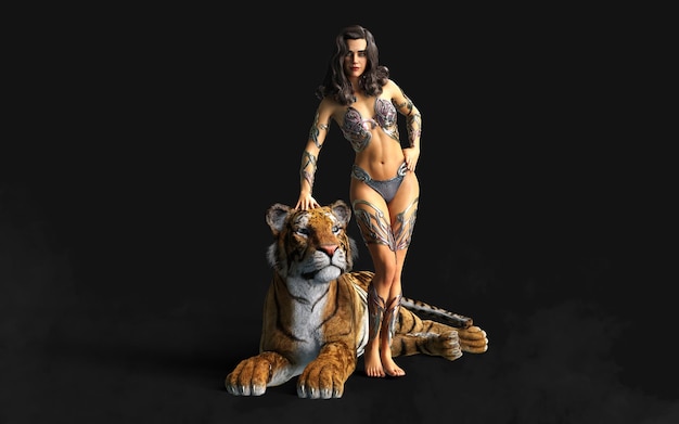 Projeto de ilustração 3D de Lady e as poses de tigres de Bengala em fundo preto com traçado de recorte