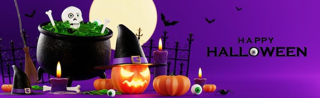 Projeto de ilustração de renderização 3d para banner de halloween com abóboracrucifixo crânio vela doces givebox sepultura no fundo