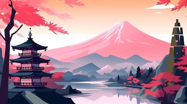 Projeto de ilustração japonesa colorida de edifícios naturais e vida selvagem generativa ai