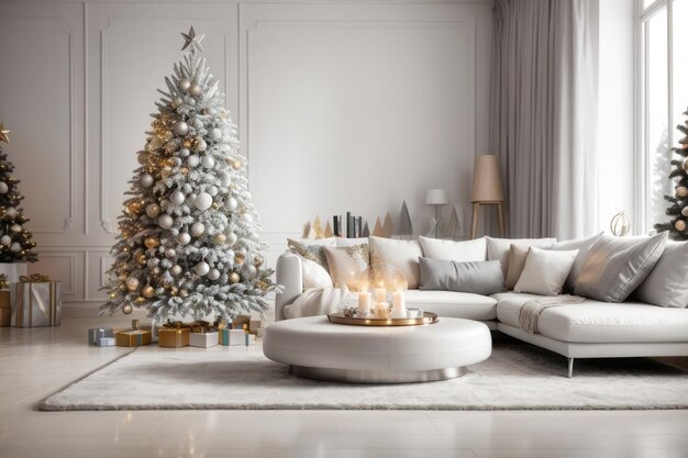 projeto de interior de casa de sala de estar com árvore de Natal e sofá branco ano novo feriado de inverno