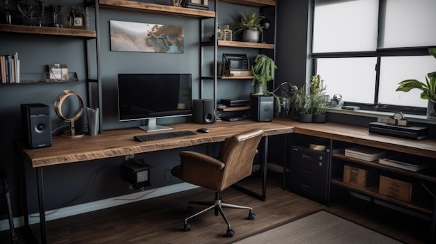 Projeto de interiores de home office em estilo industrial com escrivaninha