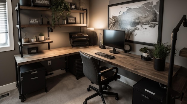 Foto projeto de interiores de home office em estilo industrial com escrivaninha