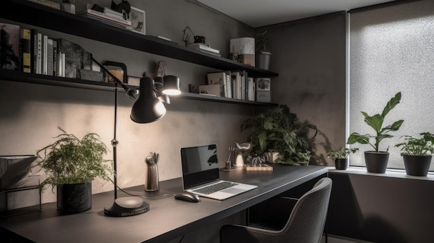 Projeto de interiores de home office em estilo minimalista com escrivaninha