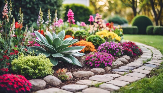 Foto projeto de jardim de flores com flores multicoloridas criando uma landsca visualmente impressionante e harmoniosa