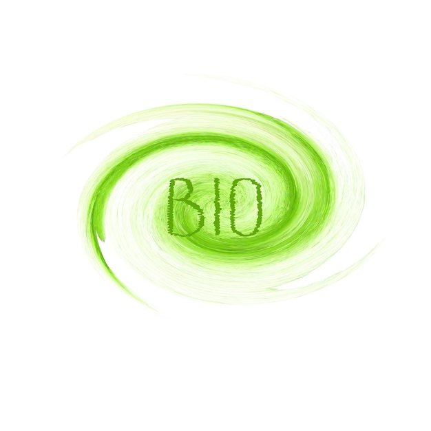 Projeto de logotipo do conceito de bio produto. Aguarela verde mão desenhada sinal etiqueta emblema cartaz onda em fundo branco. Ilustração de textura de escova de grunge de modelo de bio design isolada no fundo branco