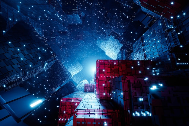 Projeto de luzes brilhantes de cubo de néon techno futurista de ficção científica