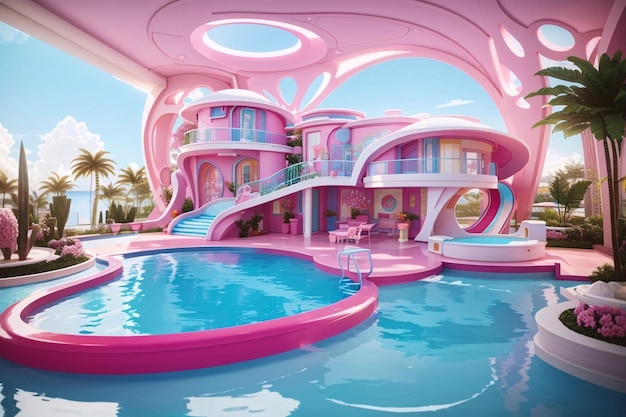 Projeto de piscina ampla no design da casa dos sonhos da Barbie no futuro estilo futurista e art nouv