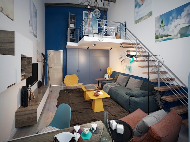 Projeto de quarto de adolescente em estilo loft com sofá e unidade de tv e escada para o segundo nível.