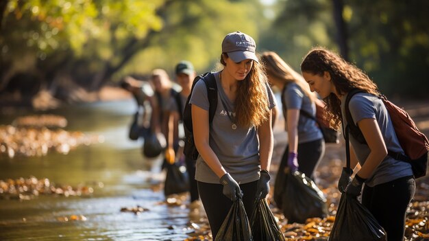 Projeto de reciclagem e voluntariado comunitário com jovens limpando plástico e lixo