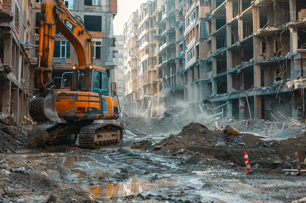 Projeto de remodelação urbana com demolição e escavação em andamento