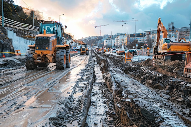 Projeto de remodelação urbana com demolição e escavação em andamento