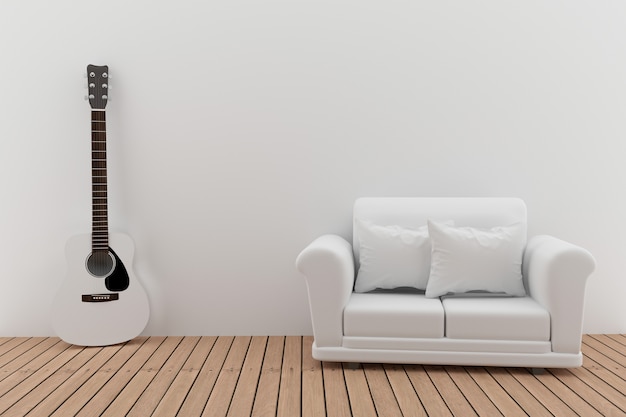 Projeto de sofá duplo minimalista com guitarra no quarto em renderização em 3d