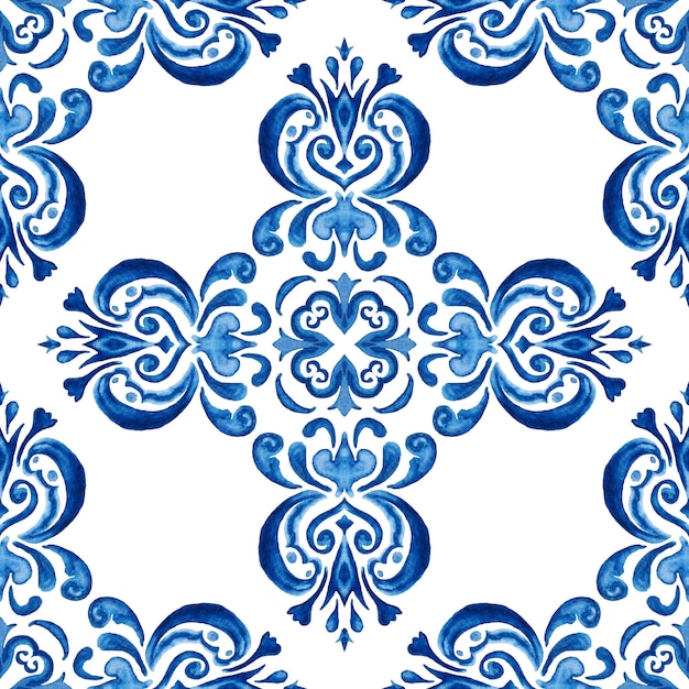 Projeto de tecido de azulejos orientais de azulejos de padrão aquarela floral azul lindo sem emenda. Enfeite turco