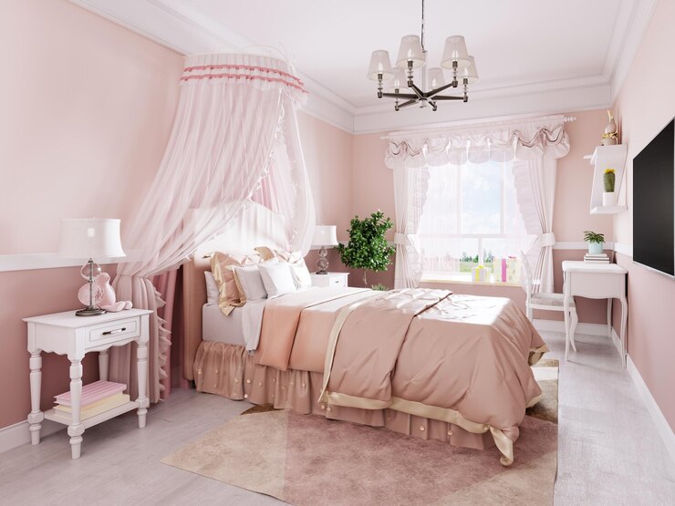 Foto projeto de um berçário para uma menina em tons de rosa em estilo clássico com mesas de cabeceira brancas