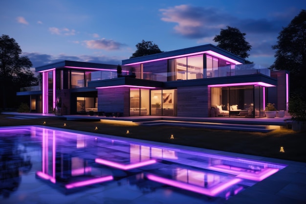 Projeto de uma casa de campo moderna com iluminação neon roxa