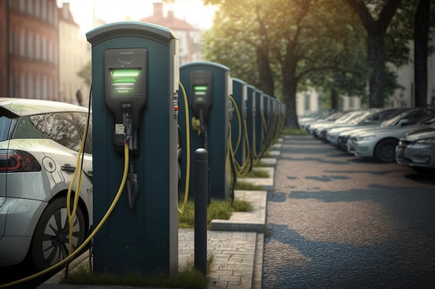 Projeto futurista de uma linha de muitos carregadores elétricos em cada estacionamento na rua Ai gerado