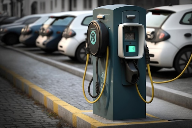 Projeto futurista de uma linha de muitos carregadores elétricos em cada estacionamento na rua Ai gerado