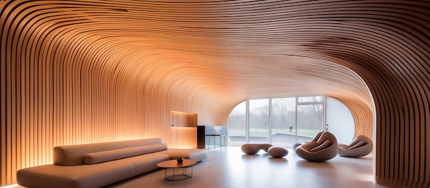 Projeto moderno de sala de estar de teto arqueado de madeira e conceito de linhas curvas