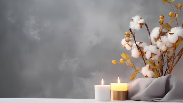 projeto para banner de mesa elegante com flores de algodão e velas de aroma perto da parede