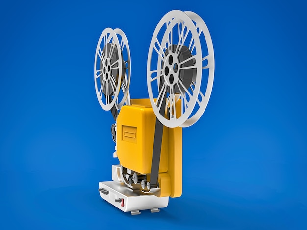 Projetor de filme de cinema 3d amarelo isolado na superfície azul