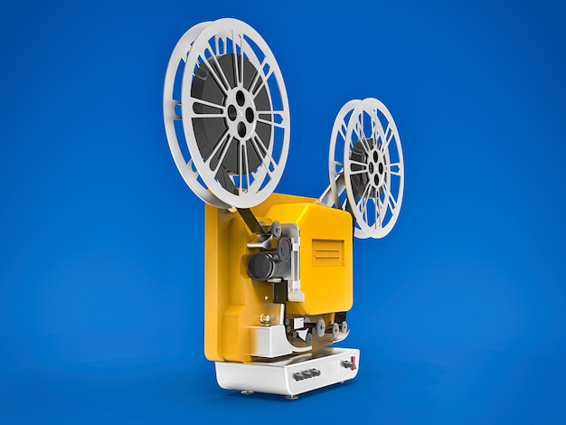 Foto projetor de filme de cinema 3d amarelo isolado na superfície azul