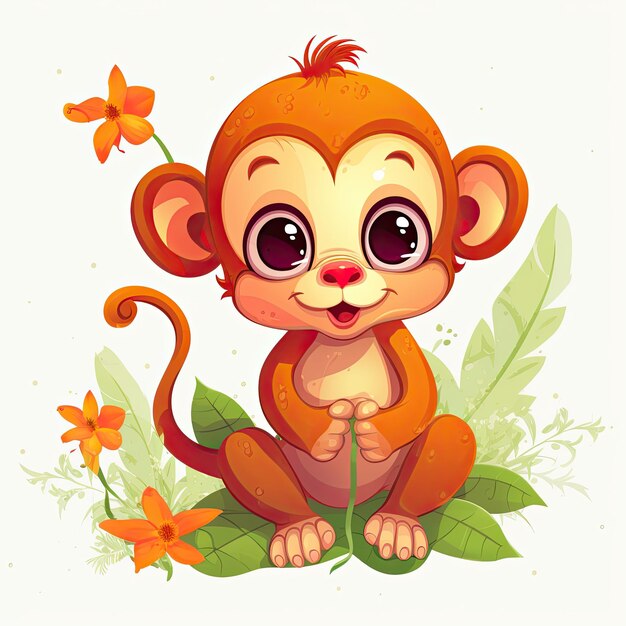 Projetos de filhote de macaco com olhos fofos e pelo colorido para páginas para colorir Conjunto de filhote de macaco colorido sorrindo e sentado em um fundo branco Ilustração de macaco bebê fofo com flores IA generativa