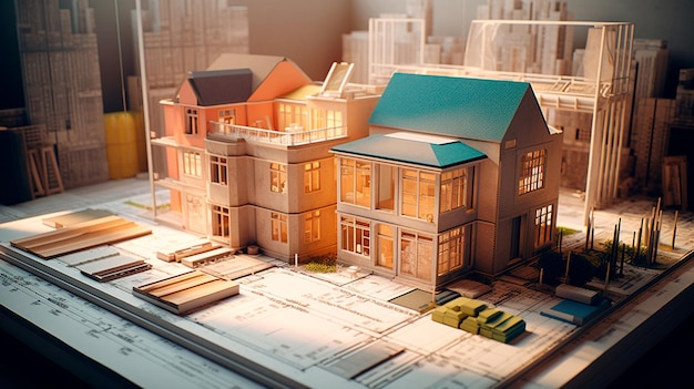 Projetos e um modelo de casa para um projeto de construção Histórico em construção de projetos imobiliários e planos de projeto de engenharia para construção residencial IA generativa
